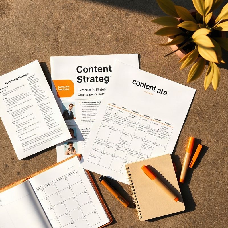 Editorial strategy documents and calendar on a slate desk